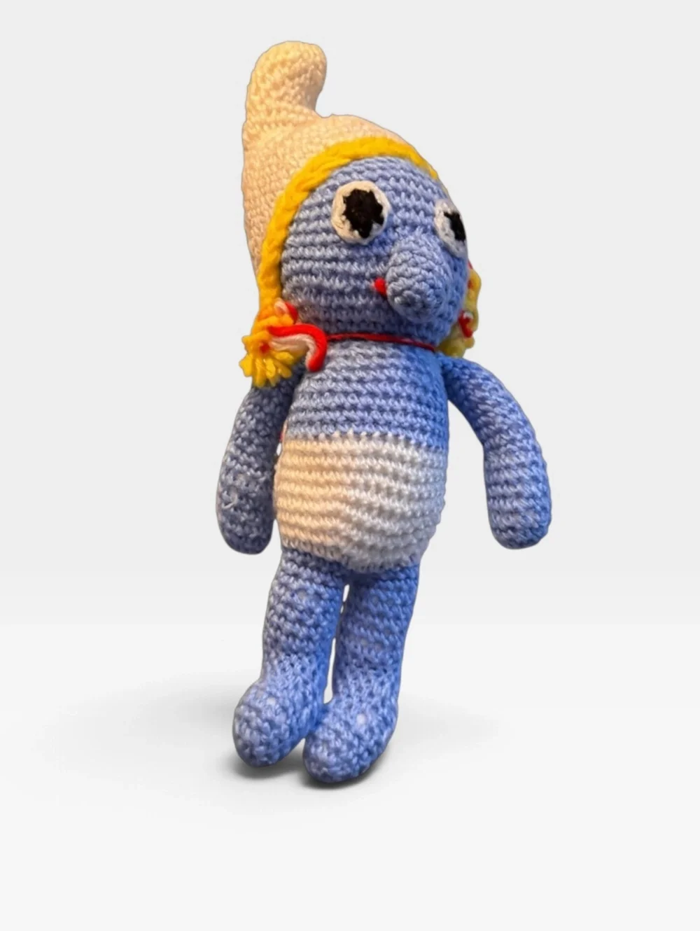 Vintage Handmade Crochet Girl Doll Smurfette Inspired Yarn Plush 15” Folk Art